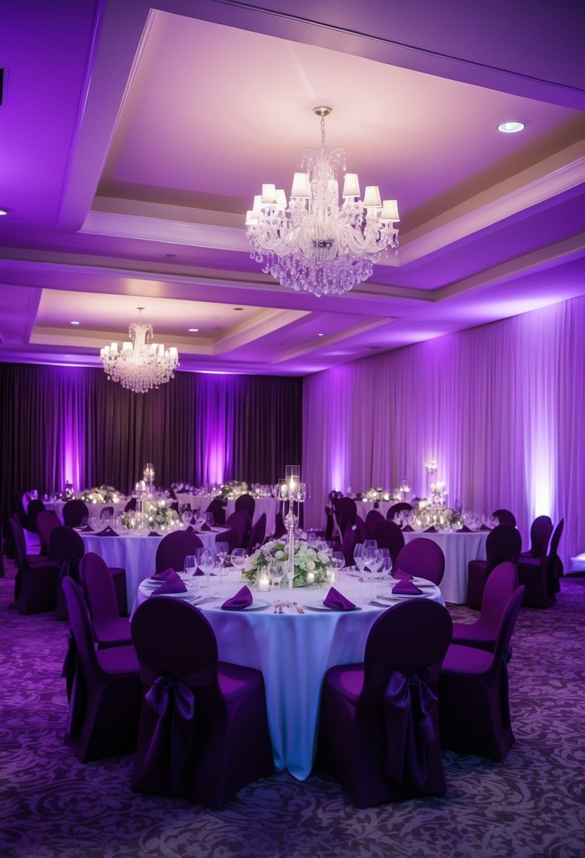 The venue is bathed in soft purple uplighting, creating a romantic and elegant atmosphere for a purple and burgundy themed wedding