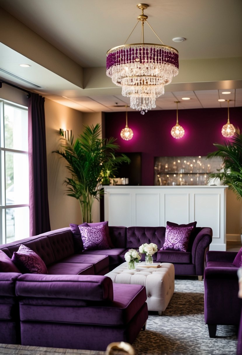 A cozy lounge area with burgundy and purple decor, perfect for a wedding reception or event