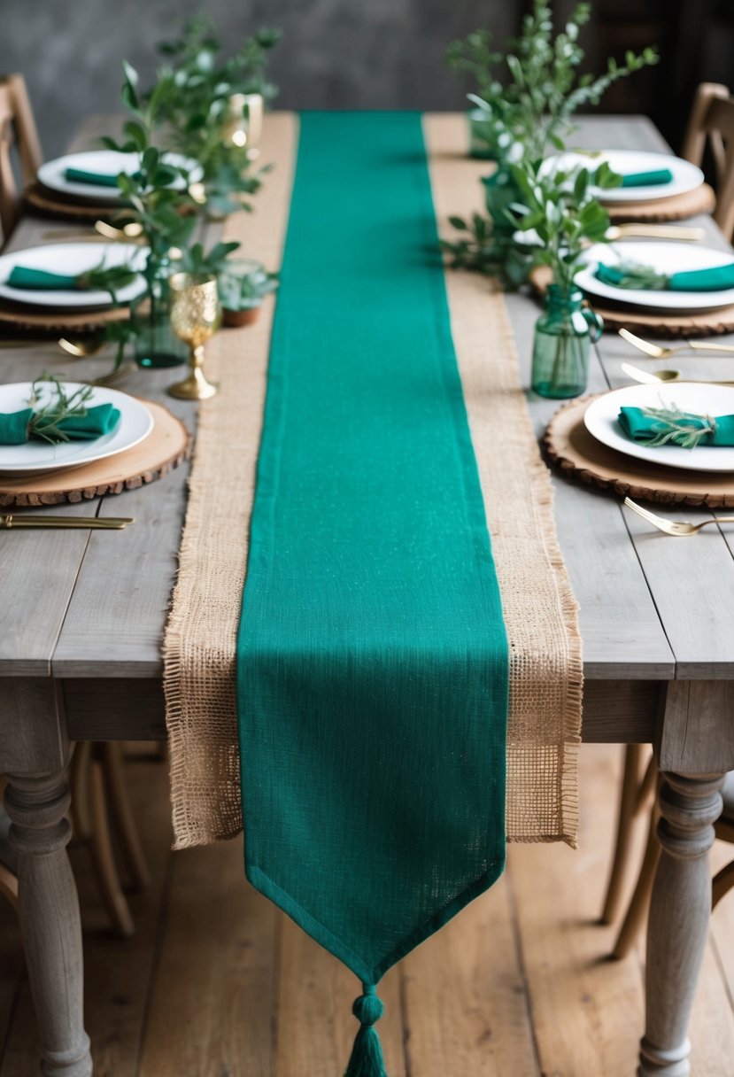 An emerald green burlap table runner on a wooden table with rustic chic decor and greenery