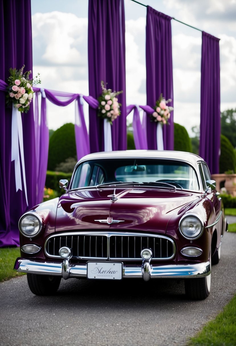 A vintage burgundy car parked by a purple and burgundy wedding venue, with floral decorations and ribbon accents