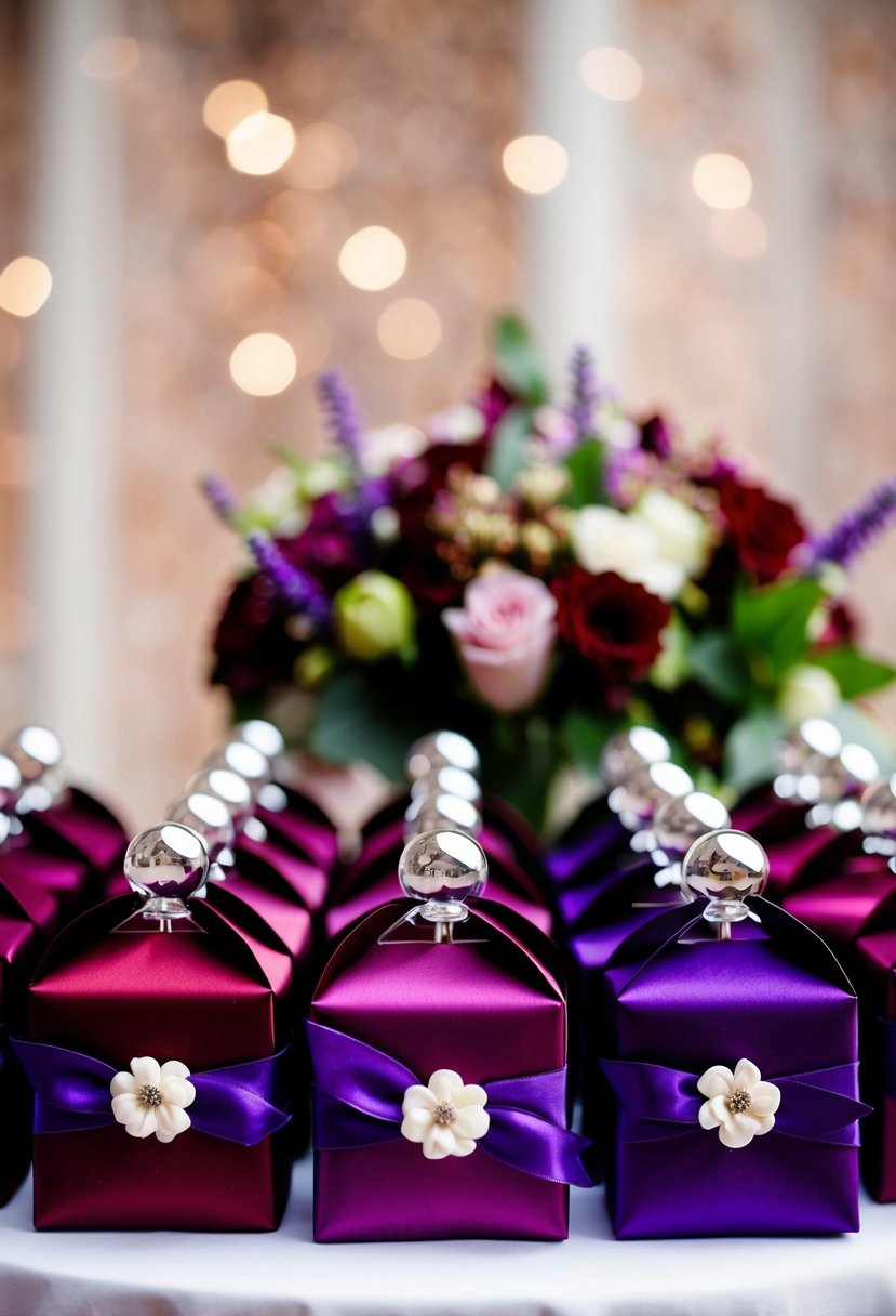 Burgundy and purple wedding favors arranged on a table with floral decorations