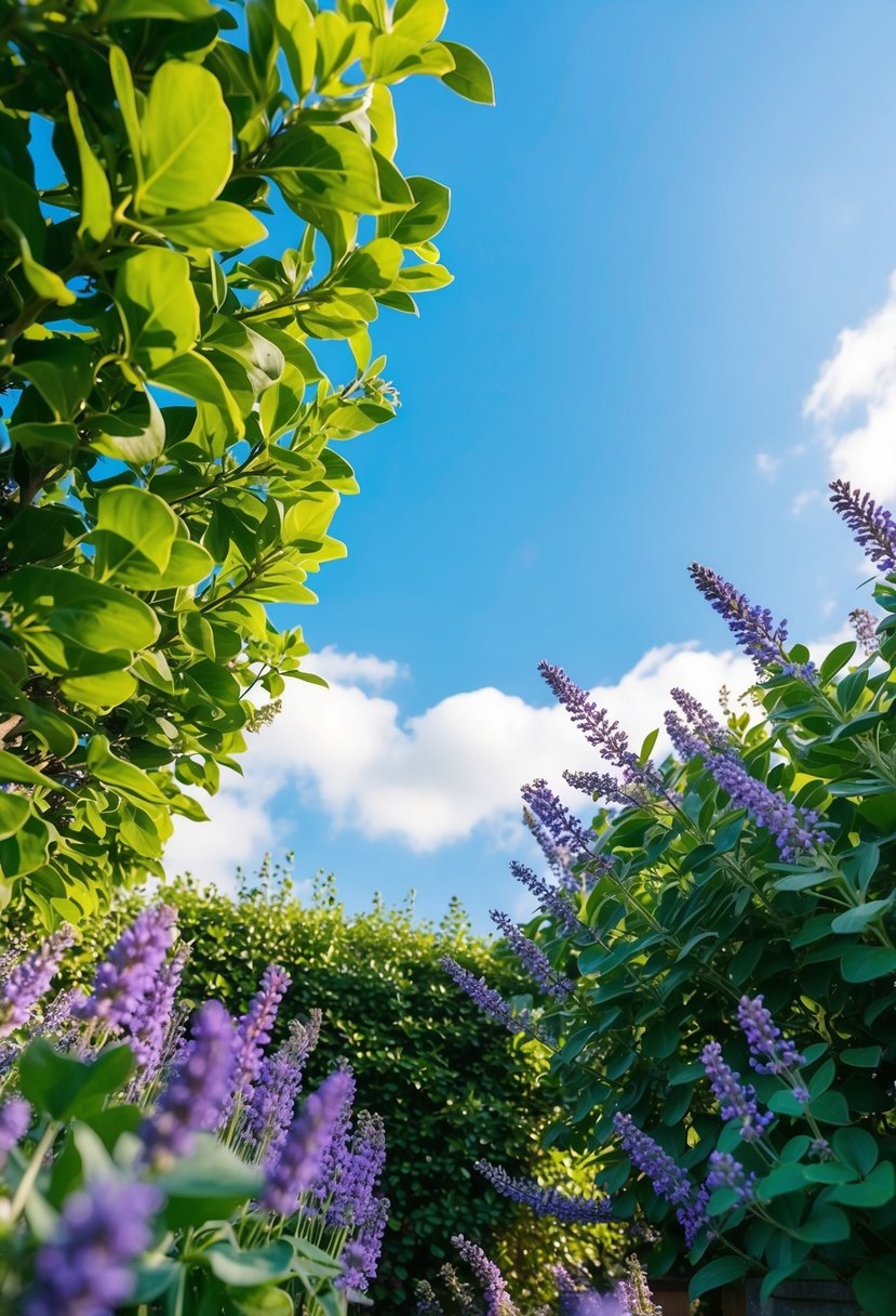 A lush garden with emerald green foliage and lavender flowers, set against a bright blue sky for a spring wedding