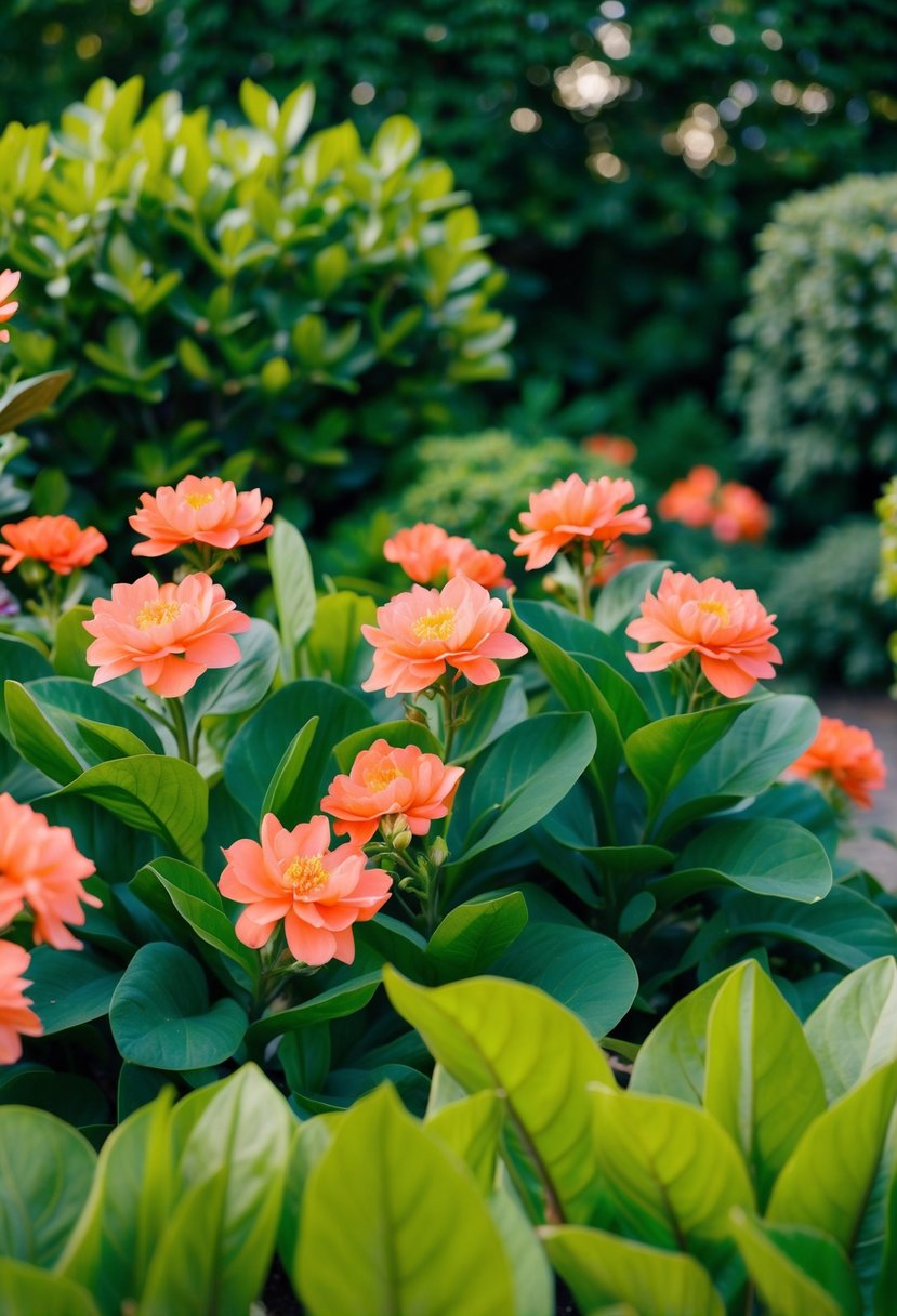 A lush emerald green garden with vibrant coral flowers and bold green foliage