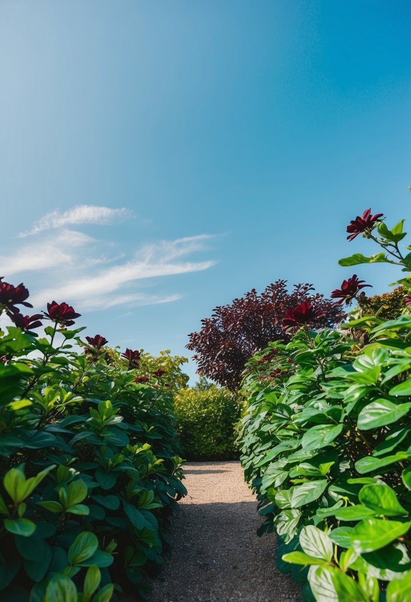 A lush garden with emerald green foliage and maroon flowers, set against a clear blue sky