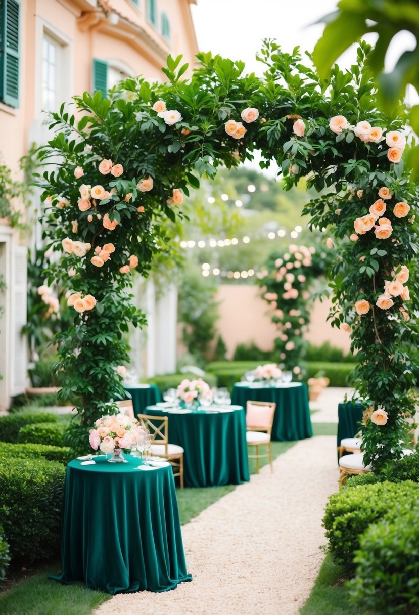 A lush garden with emerald green foliage and peach blossoms, adorned with elegant emerald and peach decor for a summer soirée