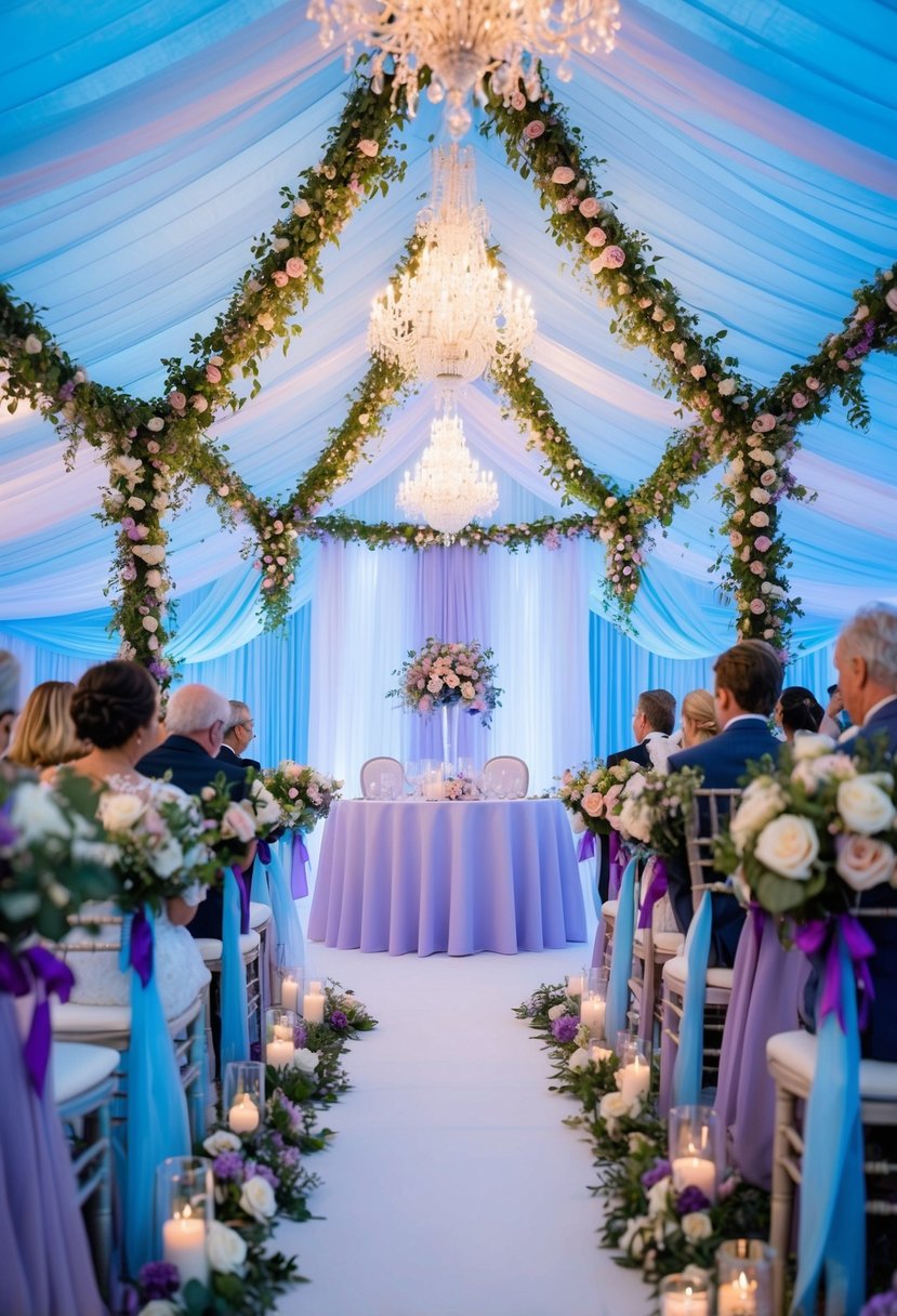 A light blue and purple wedding ceremony under a canopy of flowers and fairy lights, with elegant table settings and a romantic ambiance