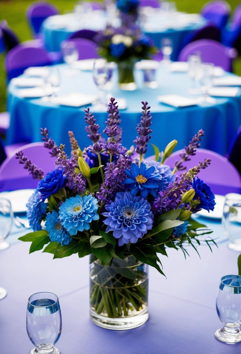 Royal blue and lavender flowers fill a light blue and purple wedding setting