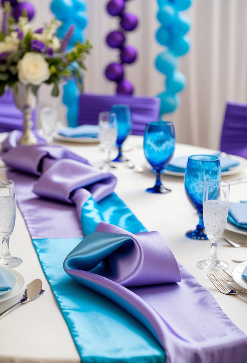 Two silk table runners in lilac and sky blue lay intertwined on a table, surrounded by light blue and purple wedding decor