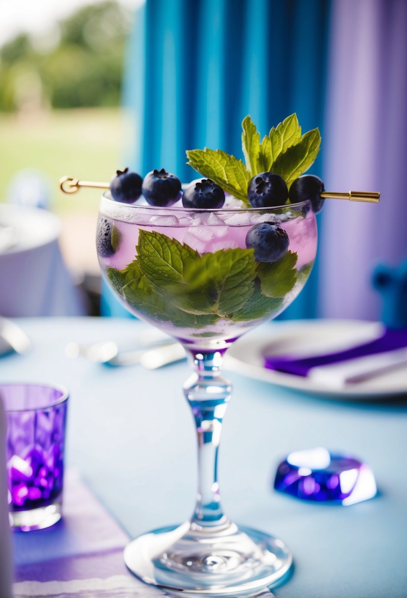 A light blue and purple wedding-themed cocktail featuring a blueberry mojito, garnished with fresh blueberries and mint leaves, served in a crystal glass on a decorated table