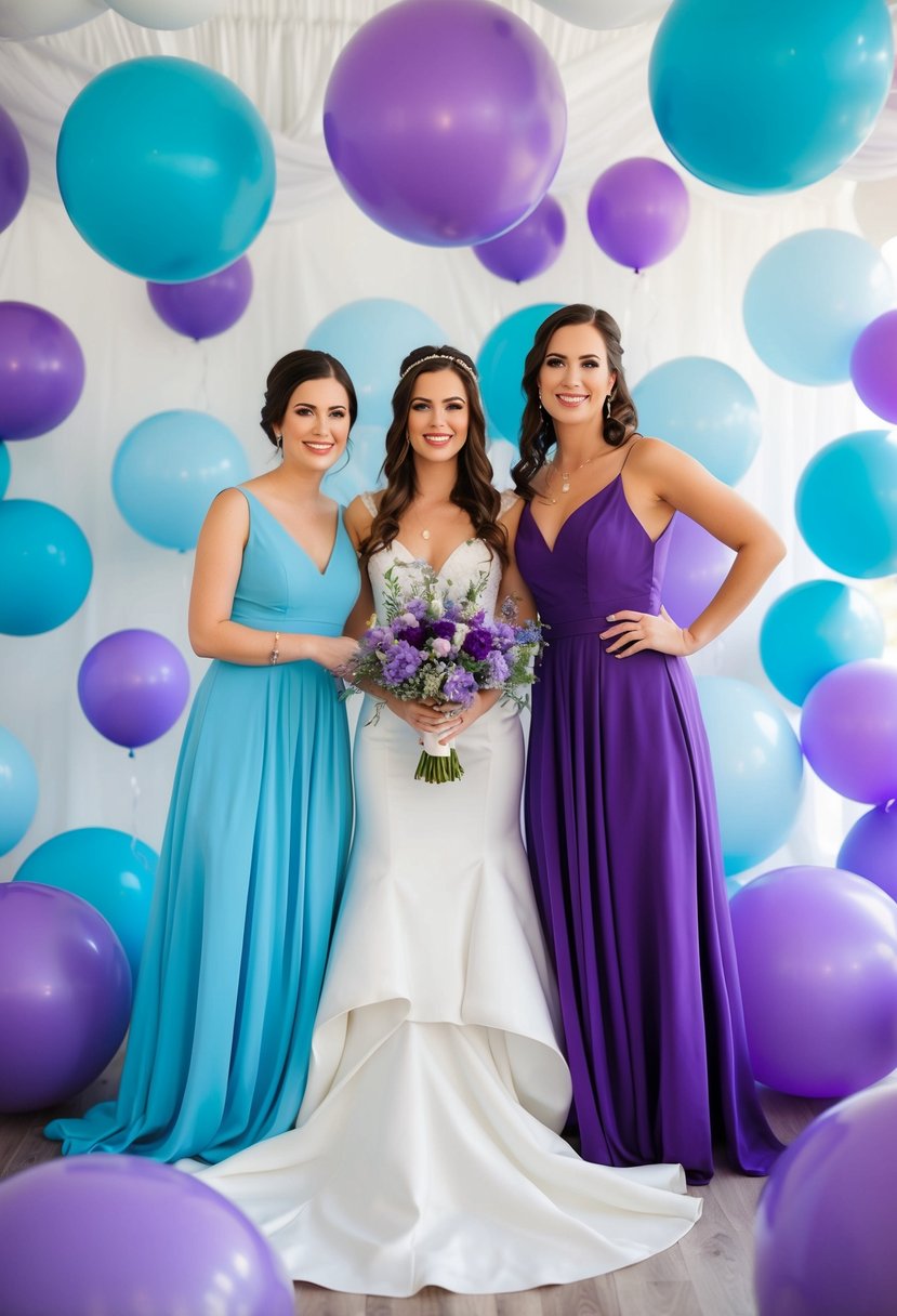 Periwinkle and violet bridesmaid dresses surrounded by light blue and purple wedding decor