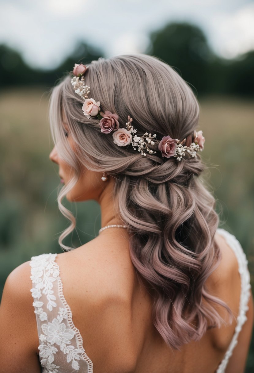 A bride's hair adorned with mauve and dusty pink floral hair accessories for a romantic wedding look