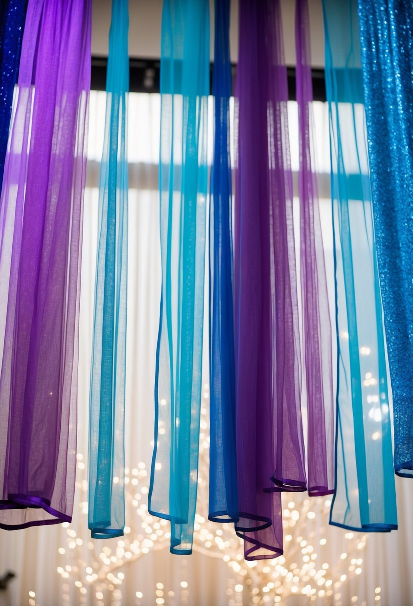 Shimmering tulle drapery in various shades of blue and purple cascading from the ceiling, creating an ethereal and romantic atmosphere