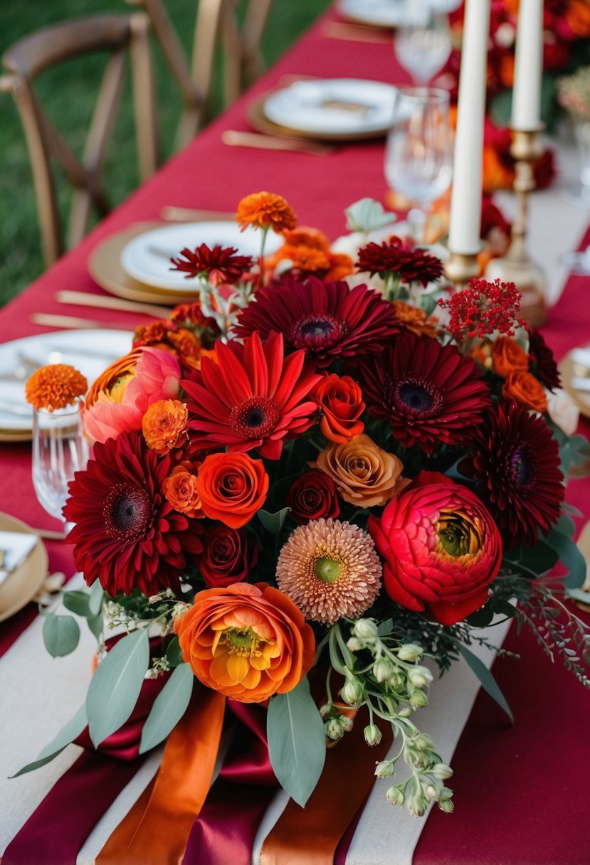 A vibrant red and rust color palette with flowers, ribbons, and table decor for a wedding theme