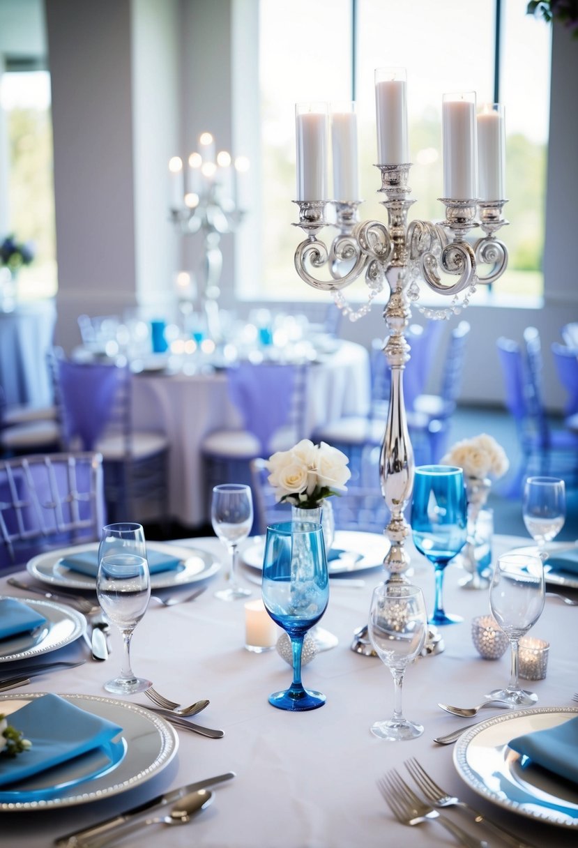 Decor features glistening silver accents with light blue and purple hues, creating an elegant and serene wedding ambiance