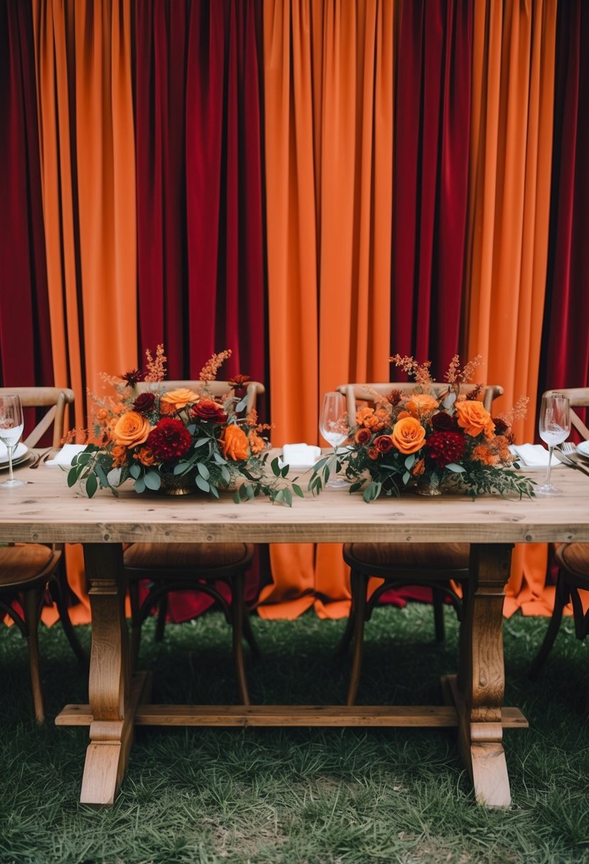 A rustic wedding table adorned with burnt orange and rusty red flowers, set against a backdrop of elegant red and rust-colored drapes