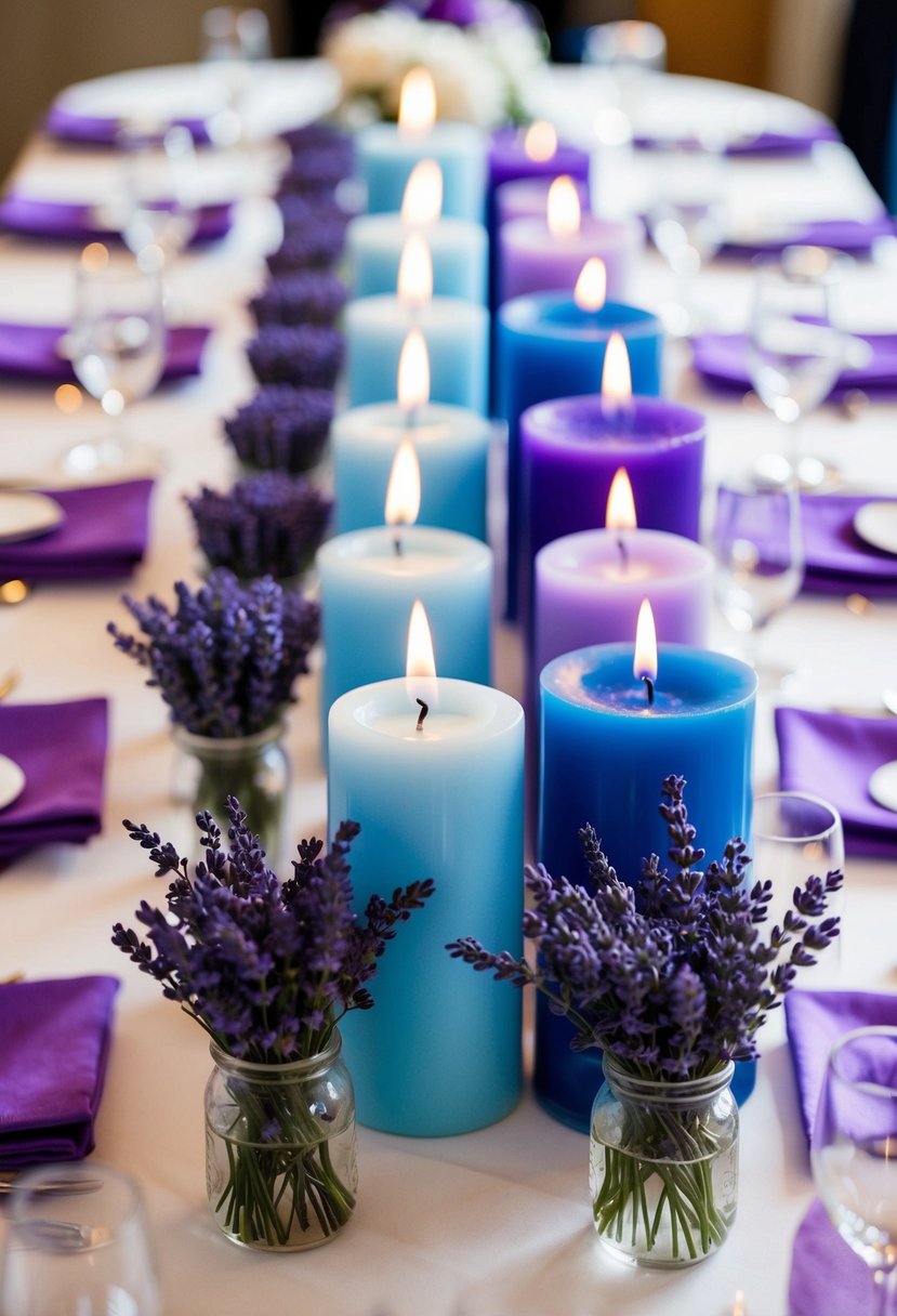 A table adorned with lavender-scented candles in light blue and purple hues, arranged as wedding favors