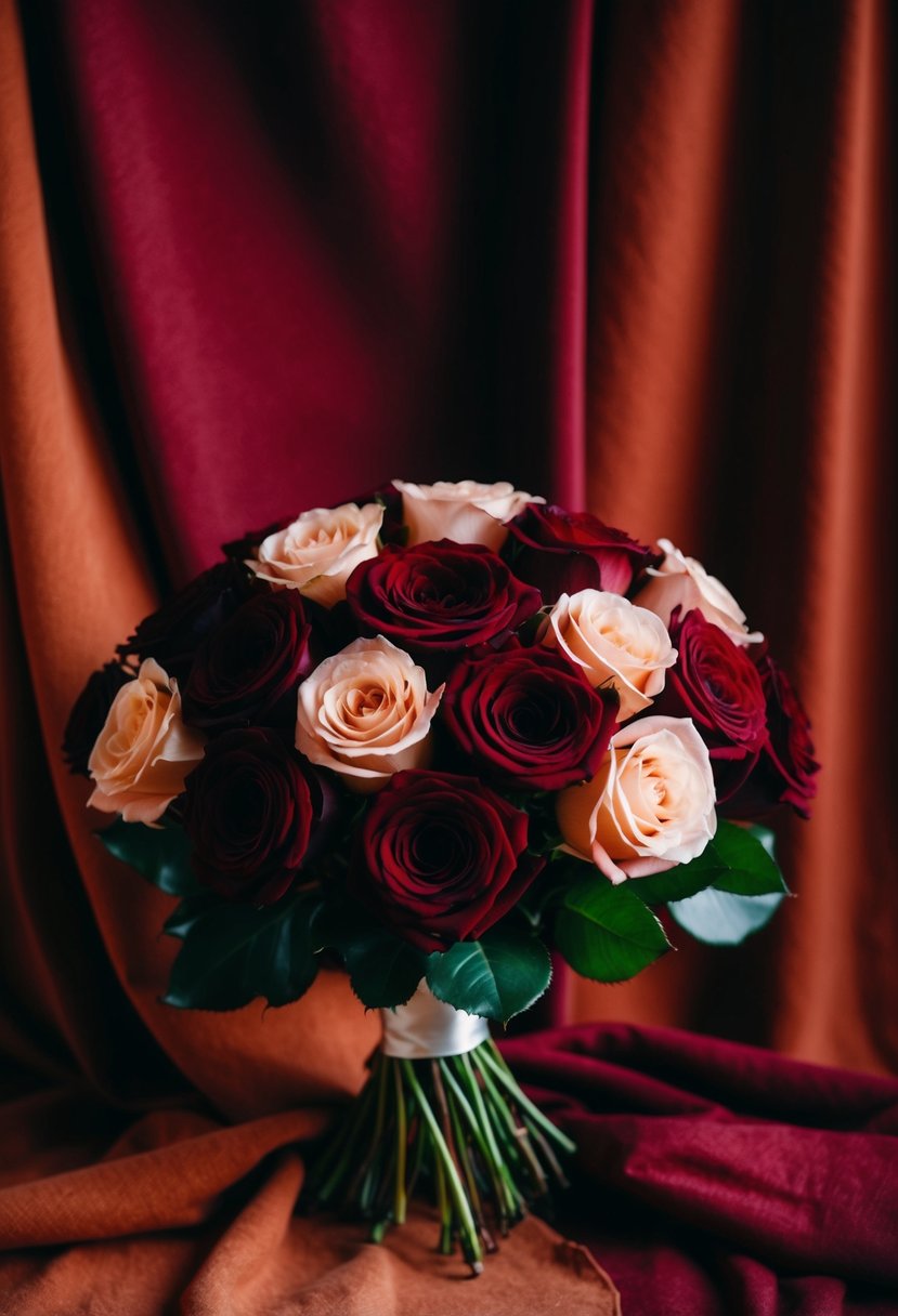 A lush bouquet of deep burgundy and peach roses, set against a backdrop of rich red and rust-colored fabric