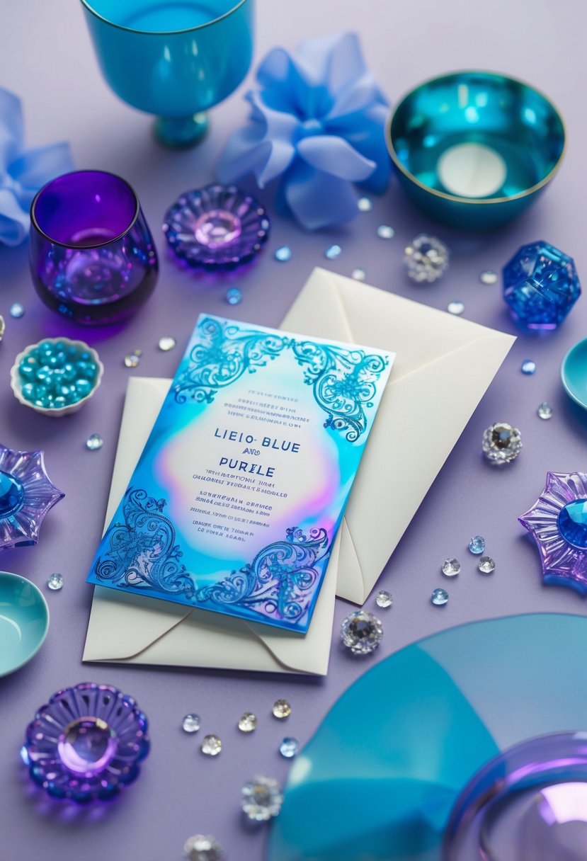 Iridescent blue and purple wedding invitations surrounded by light blue and purple decor