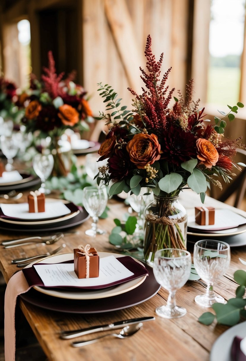 A rustic wedding table adorned with cranberry and rust brown floral centerpieces and decor