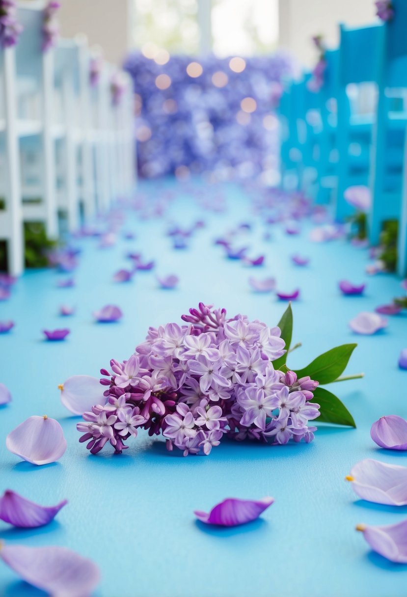 Lilac and cornflower blue petals scattered down a light blue aisle, with hints of purple accents