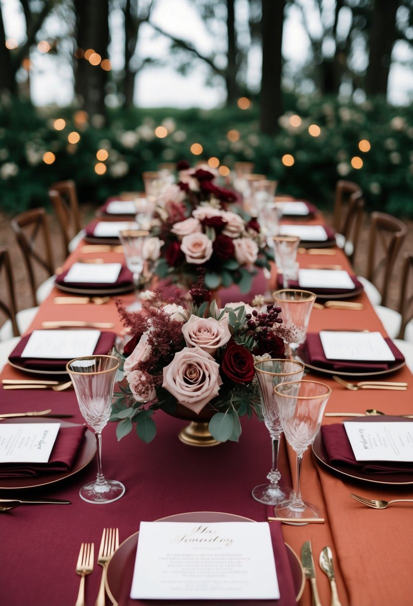 A romantic wedding table setting with burgundy and dusty rose floral centerpieces, elegant red and rust-colored table linens, and gold accents