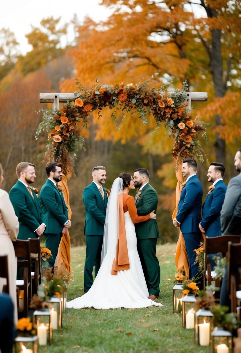 A rustic outdoor wedding ceremony with rust orange and hunter green decorations, set against a backdrop of autumn foliage