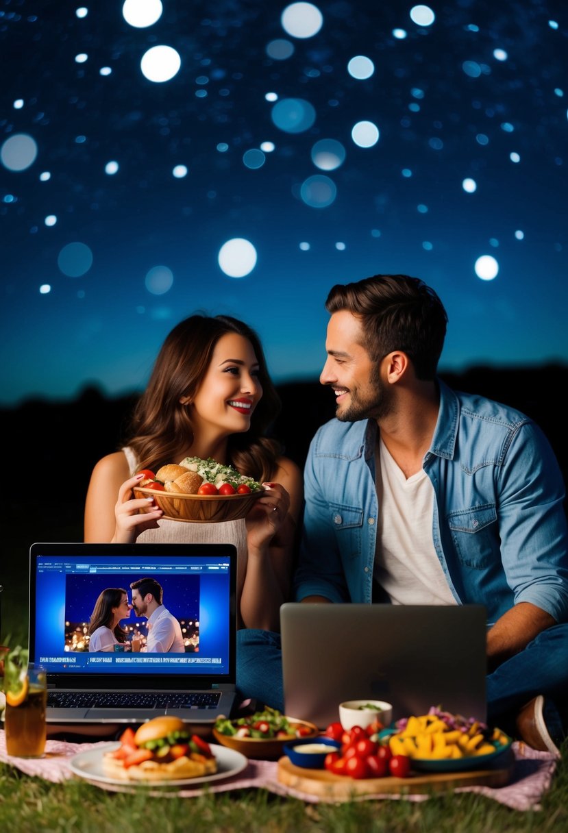 A couple virtually picnicking under a starry night sky, with a laptop displaying a romantic movie and a spread of delicious food and drinks