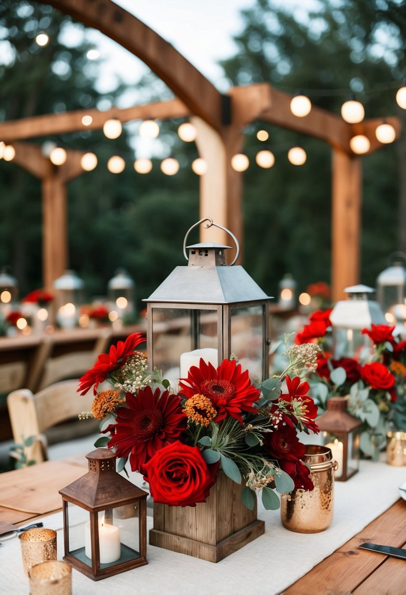 A rustic outdoor wedding with red and rust-colored flowers, vintage lanterns, and wooden accents