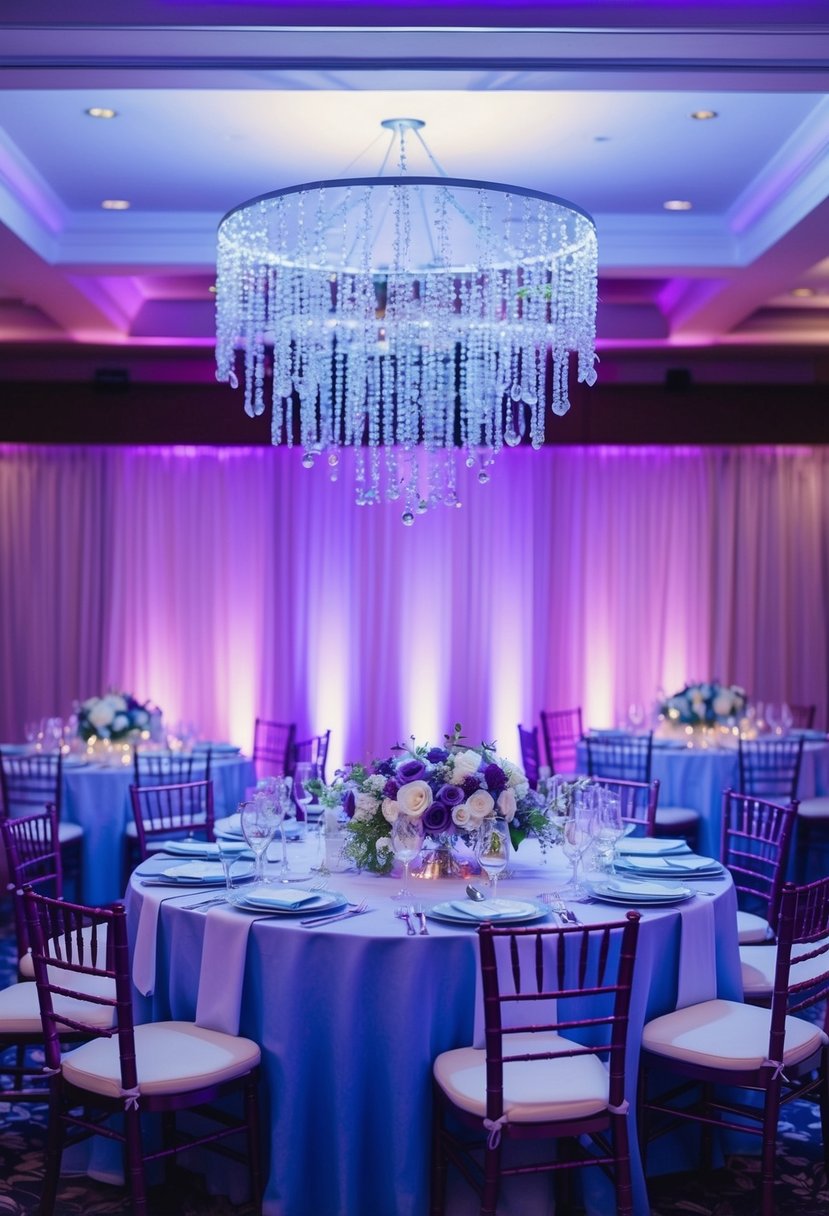 Soft purple uplighting creates a romantic ambiance with light blue and purple wedding decor