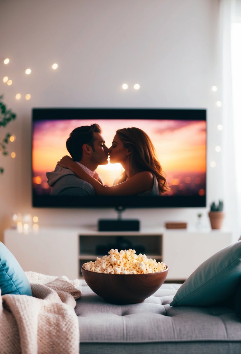 A cozy living room with a large screen showing a romantic movie, surrounded by soft blankets, pillows, and a bowl of popcorn