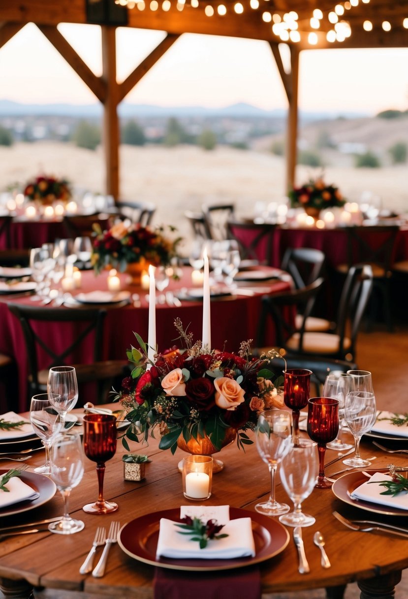 A rustic wedding table set with warm red and mahogany decor, featuring floral arrangements and candlelight