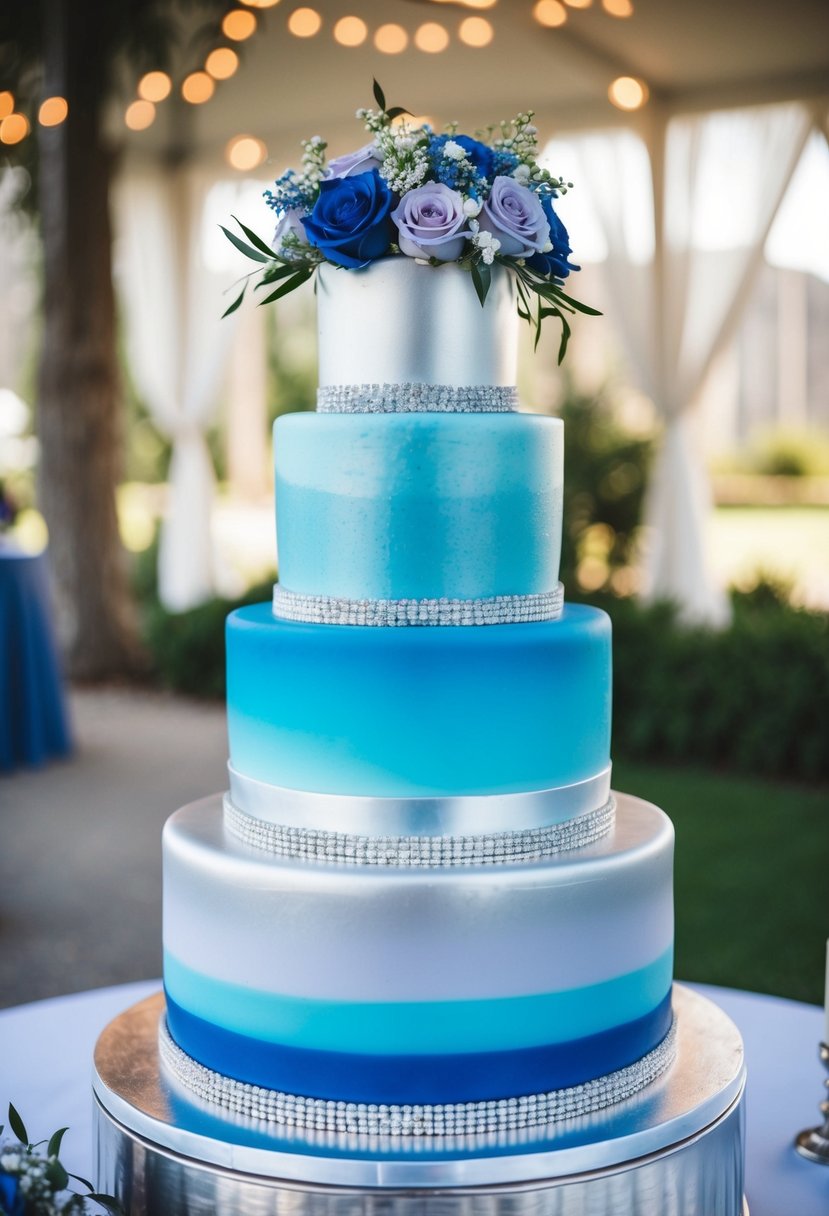 A tiered wedding cake in silver and blue with a light blue and purple ombre design