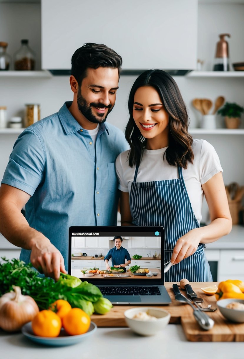 A couple cooks together in a virtual kitchen, surrounded by ingredients, utensils, and a laptop displaying an online cooking class