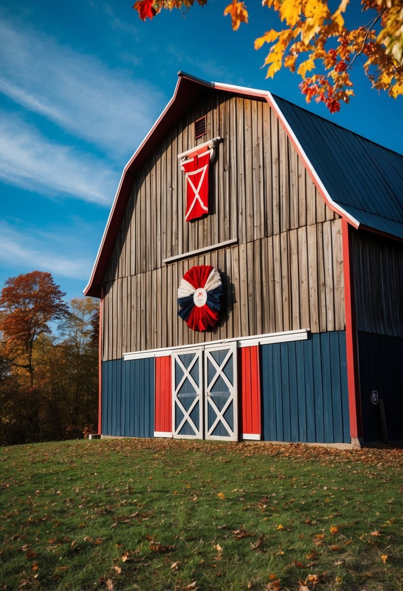 A rustic barn with red and navy decorations, surrounded by autumn leaves and a clear blue sky