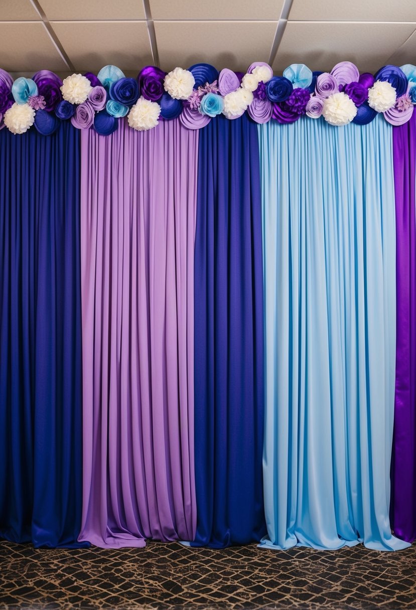 A customizable purple and blue photo booth backdrop with light blue and purple wedding decor