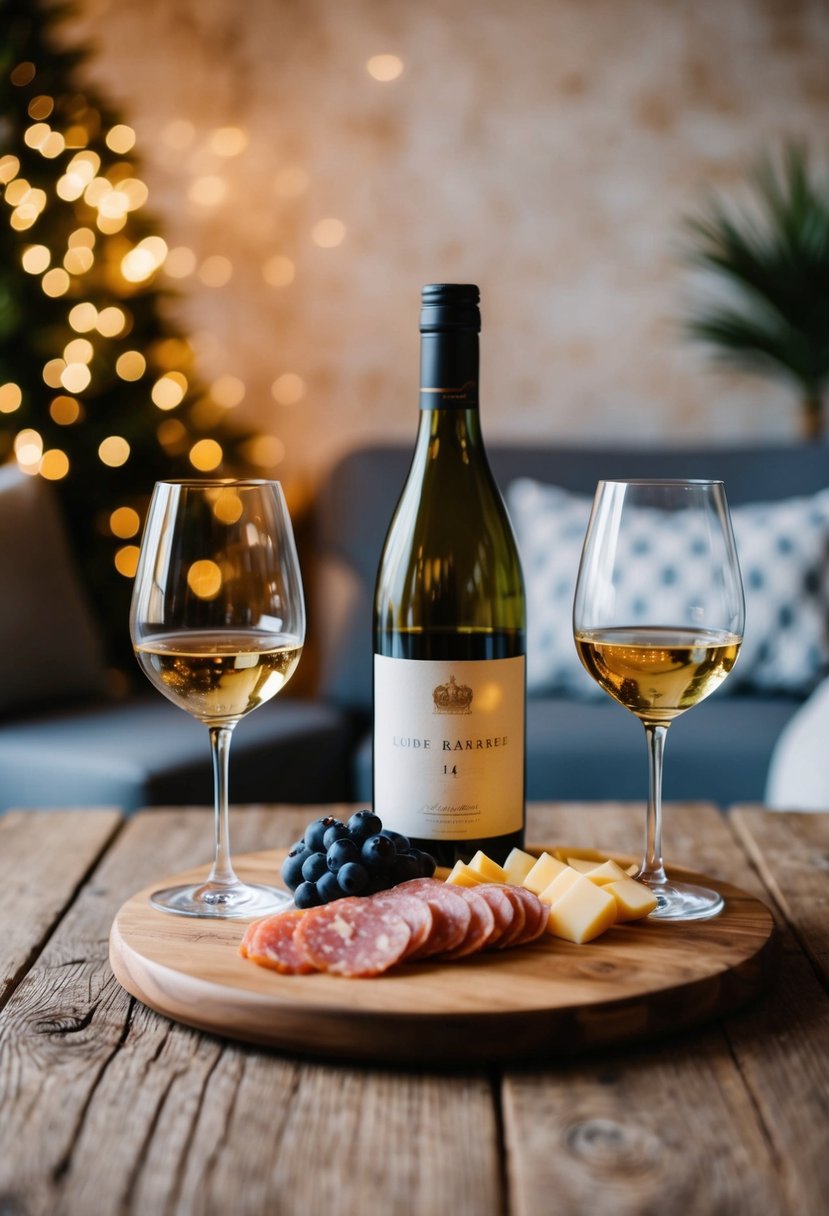 A cozy virtual wine tasting setup with two glasses, a bottle of wine, and a charcuterie board on a rustic wooden table