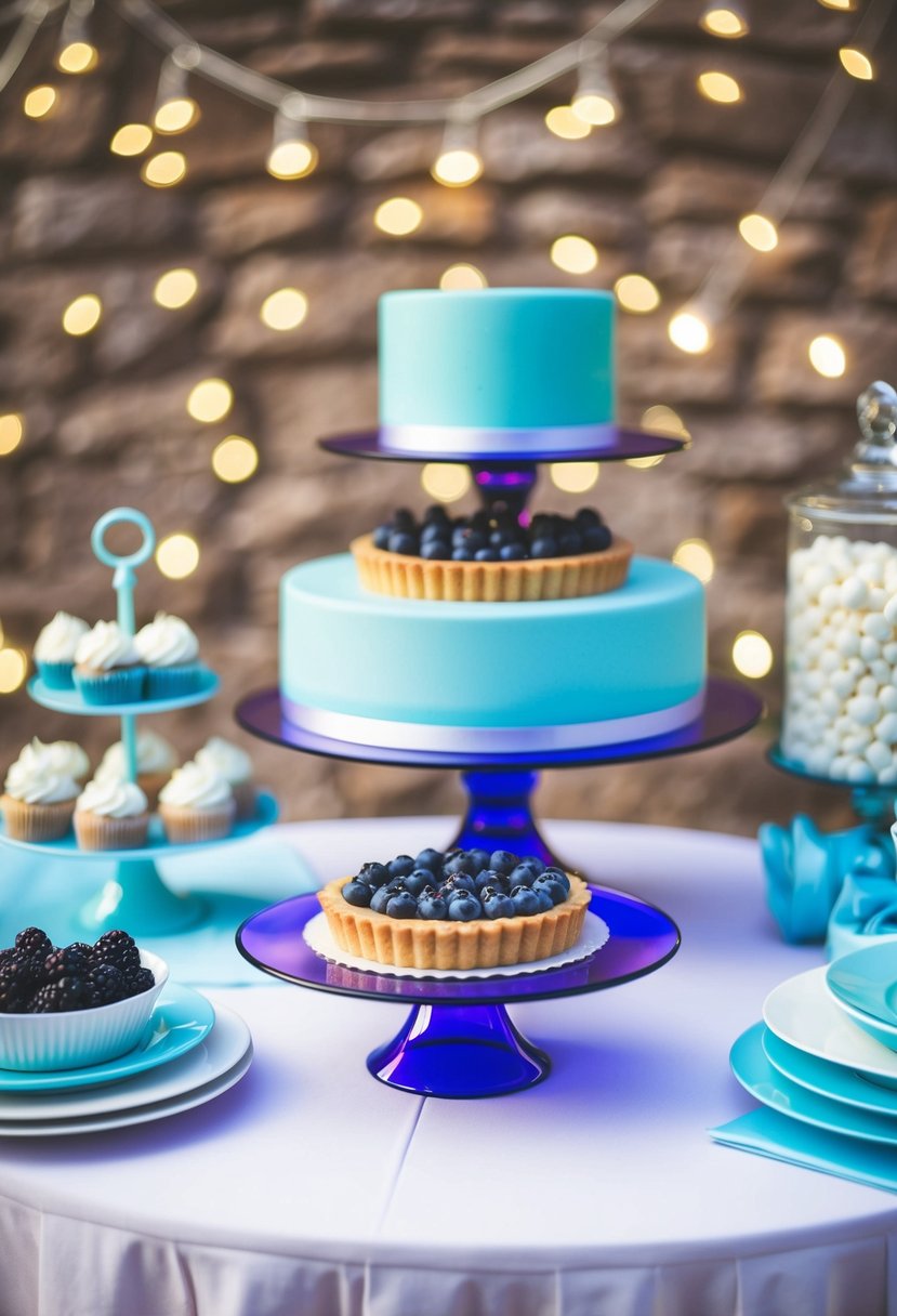 A light blue and purple wedding dessert station with a blueberry tart as the centerpiece