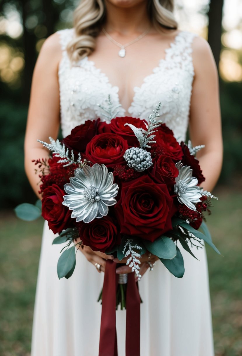 A deep red and rust wedding bouquet with silver accents