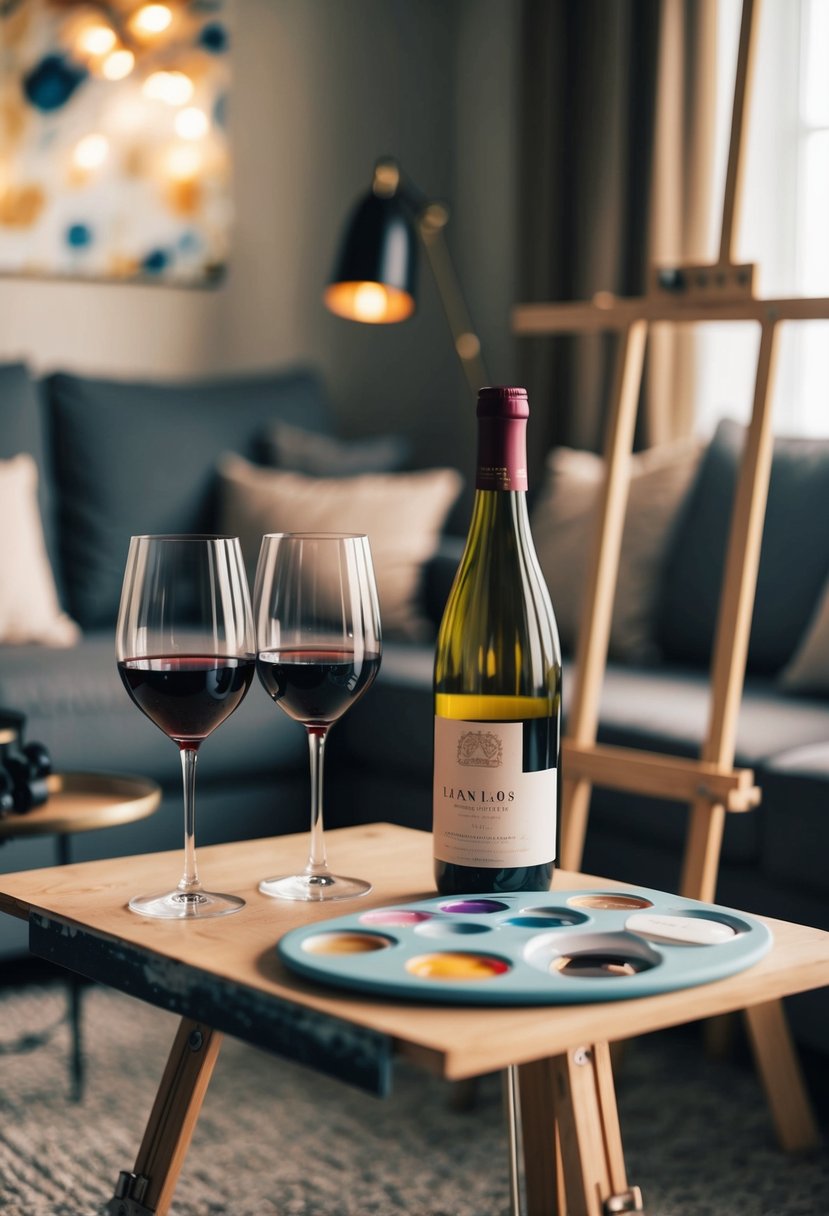 A cozy living room with two wine glasses, a bottle of wine, a paint palette, and canvas on easels. Subtle lighting and a relaxed atmosphere