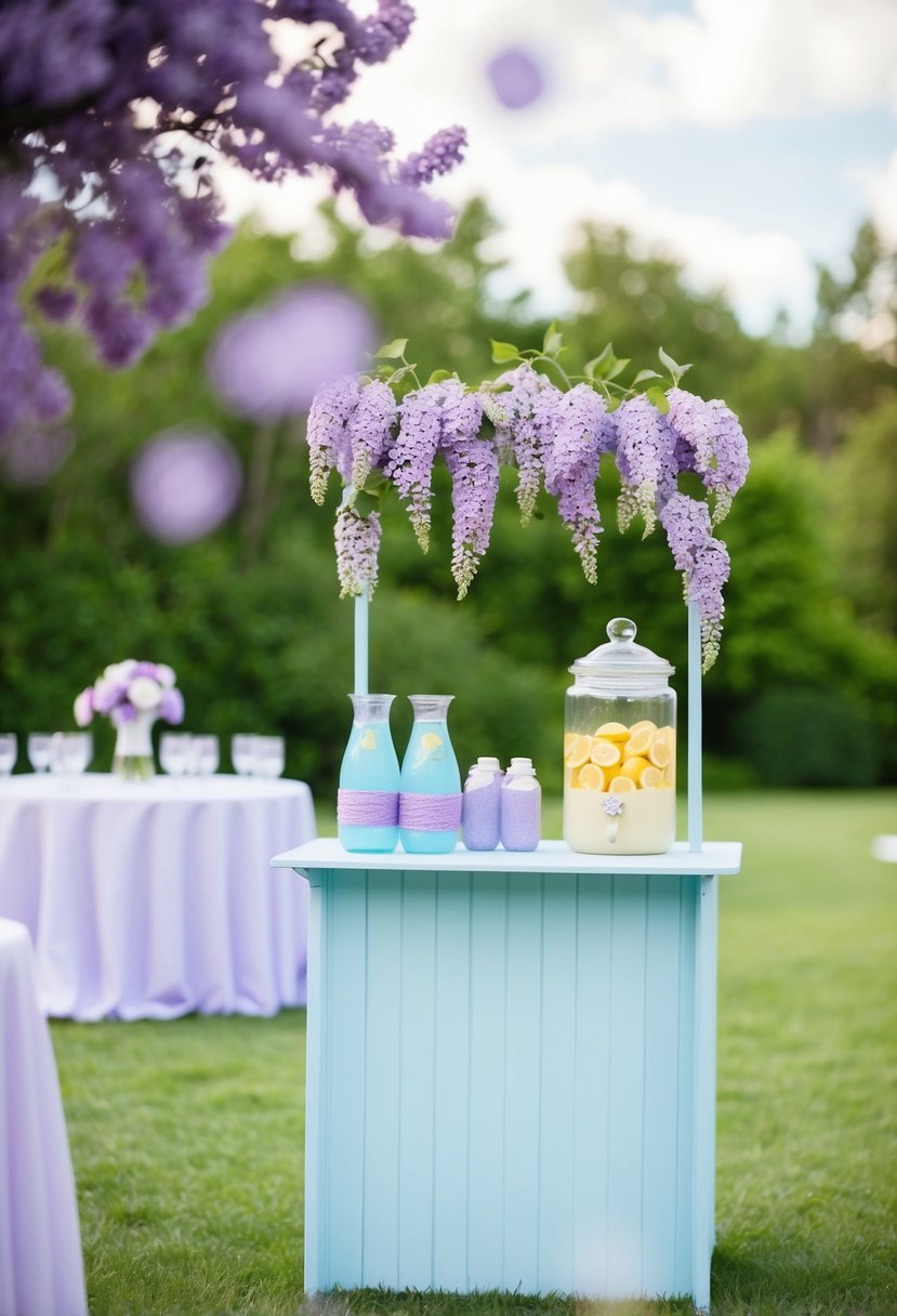 A light blue and purple wedding scene with a lilac-infused lemonade stand as a focal point