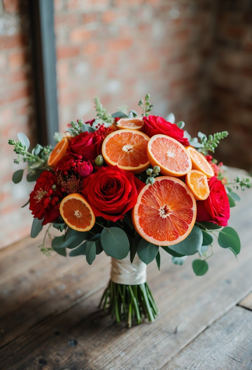 A vibrant red and grapefruit-toned wedding bouquet resting on a rustic wooden table