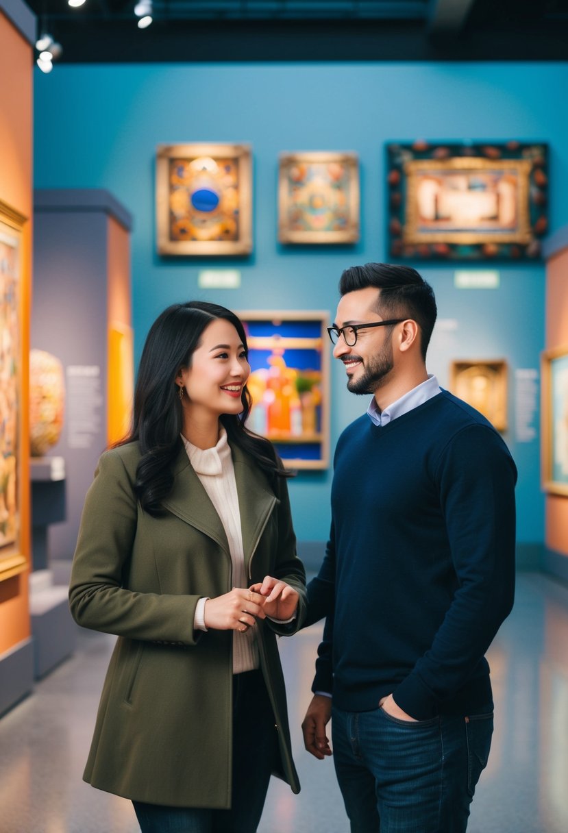 A couple virtually exploring a museum exhibit together, with colorful artwork and artifacts displayed in the background