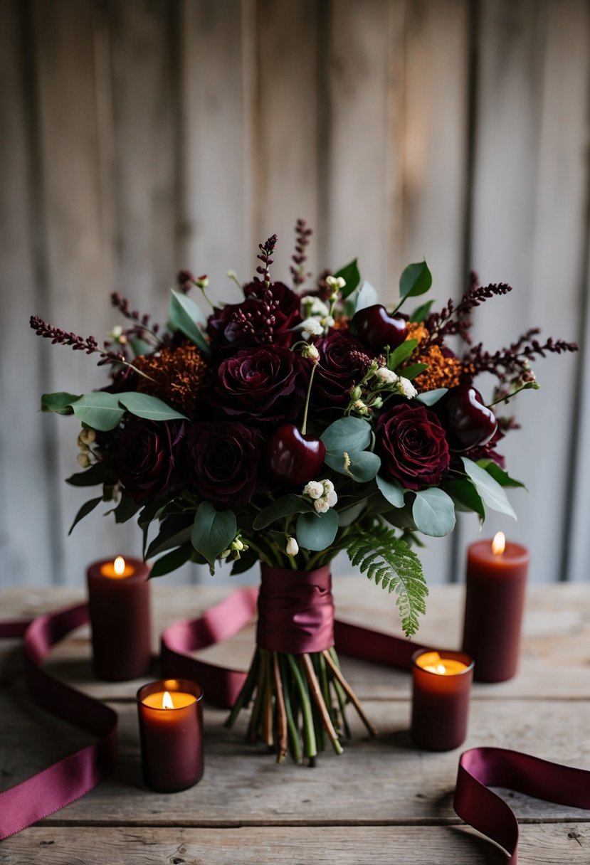 A dark cherry and rust-colored wedding bouquet sits on a rustic wooden table, surrounded by matching ribbons and candles