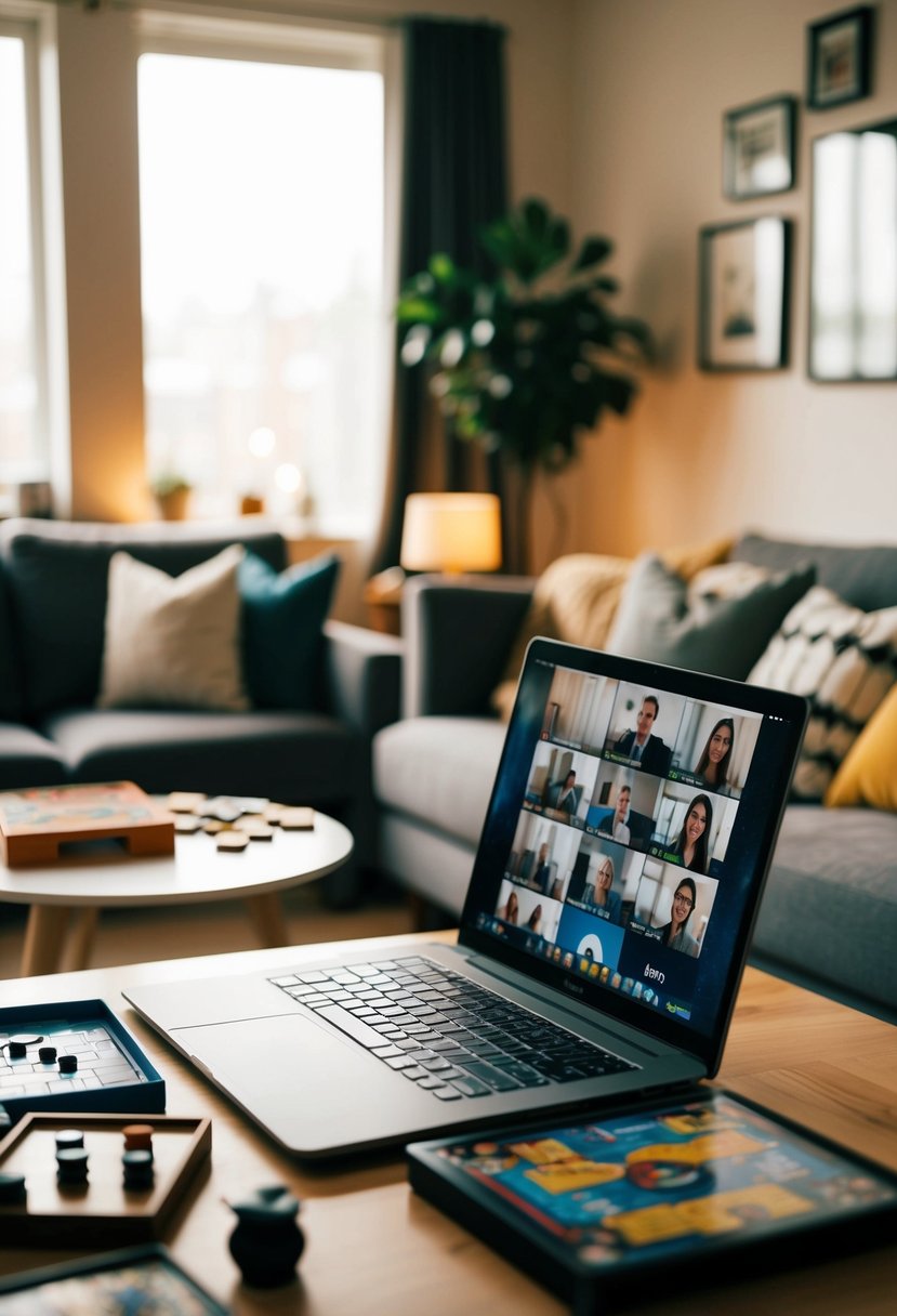 A cozy living room with a table set for two, featuring a variety of board games, a laptop with a video call open, and a warm, inviting atmosphere