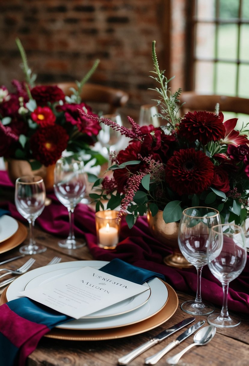 A rustic wedding table adorned with deep red flowers, wine glasses, and richly colored textiles