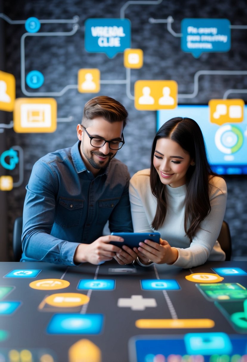 A couple solving puzzles together in a virtual escape room, surrounded by digital clues and interactive elements