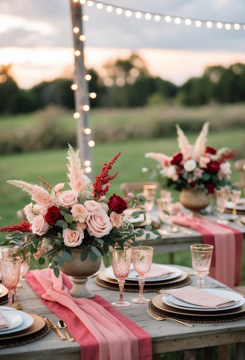 A rustic wedding scene with blush pink and red fusion colors, featuring floral arrangements, table settings, and decor in a romantic outdoor setting