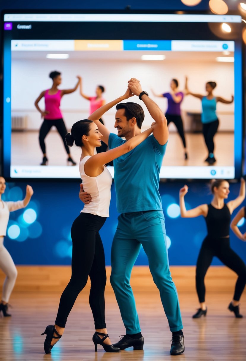 A couple dancing together in a virtual dance class, surrounded by a digital interface displaying the instructor and other participants