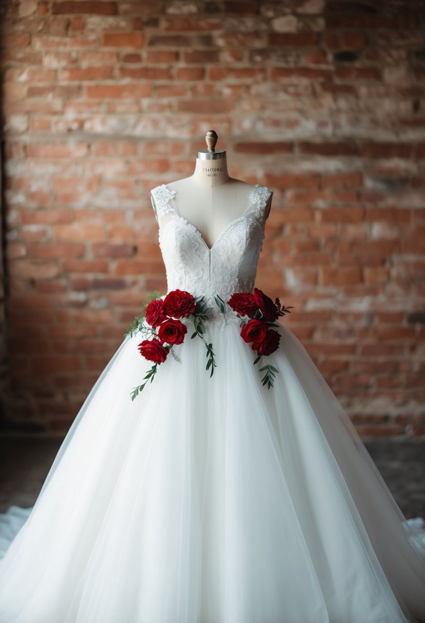 A white wedding gown adorned with red flowers against a rustic backdrop