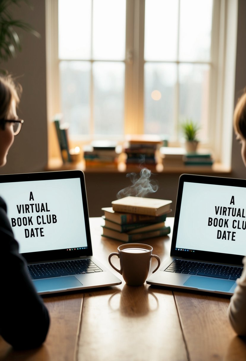 A cozy virtual book club date: two laptops facing each other, with a warm cup of tea and a stack of books in the background